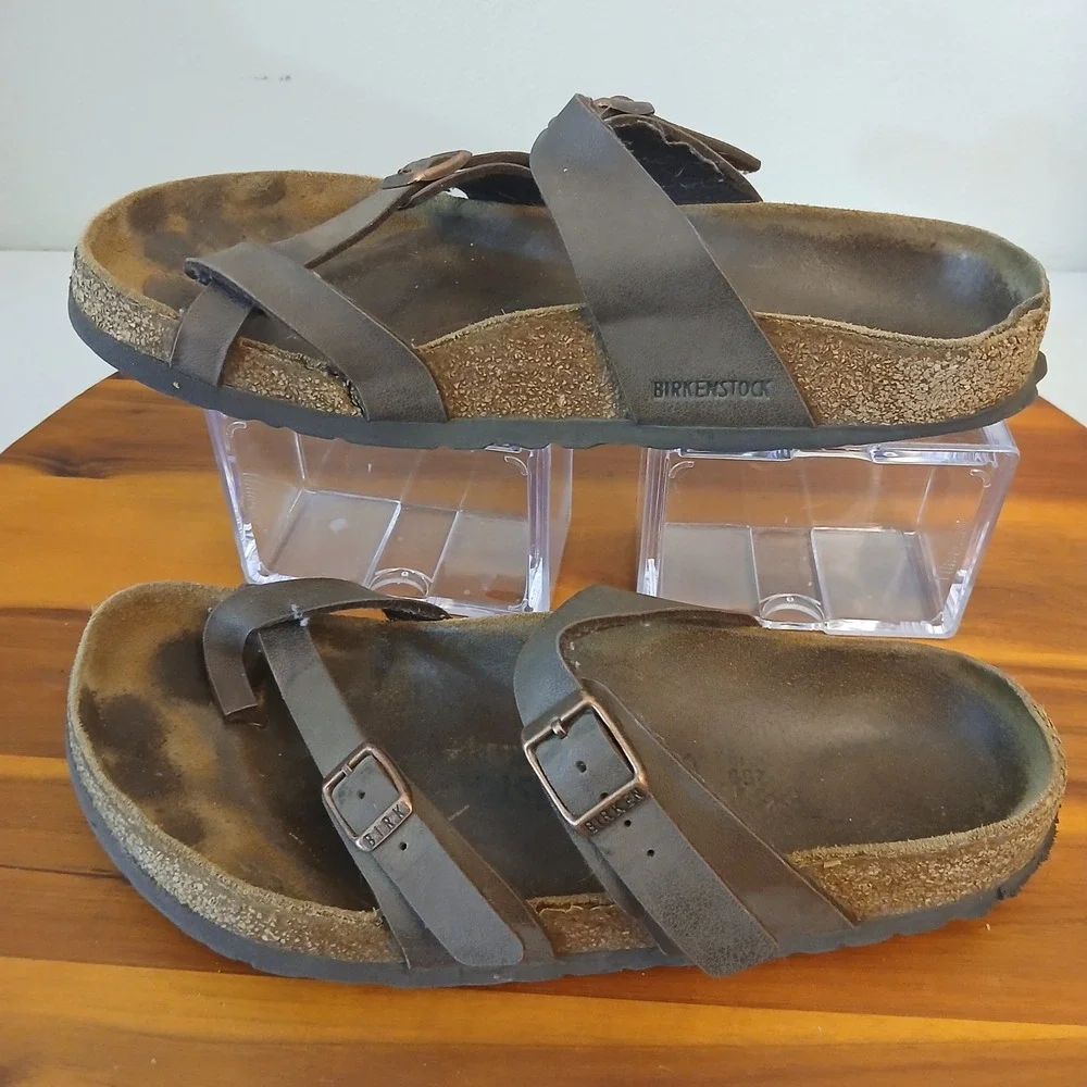 Birkenstock Mayari Sandals Womens 38 Brown Leather Strappy Cork Footbed Slides